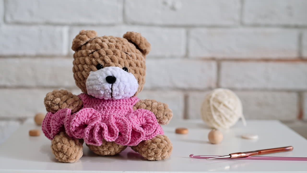 Knitted teddy bear with knitting equipment on the table