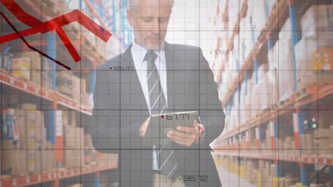 animation of data processing and red lines over caucasian man with tablet working in warehouse