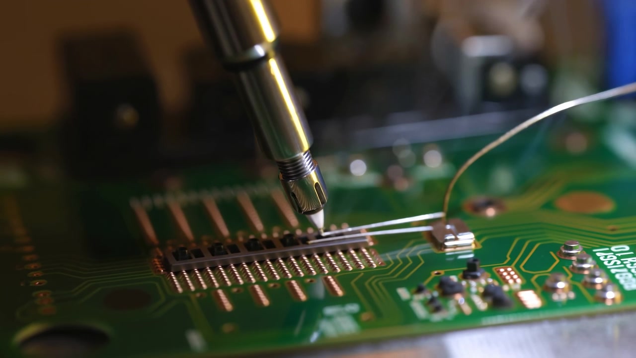 Close-up toont soldeerpunt die kleine printplaatcomponenten raakt met metalen details, stabiele beweging en gerichte verlichting over het groene circuit oppervlak tijdens zorgvuldig elektronisch werk.