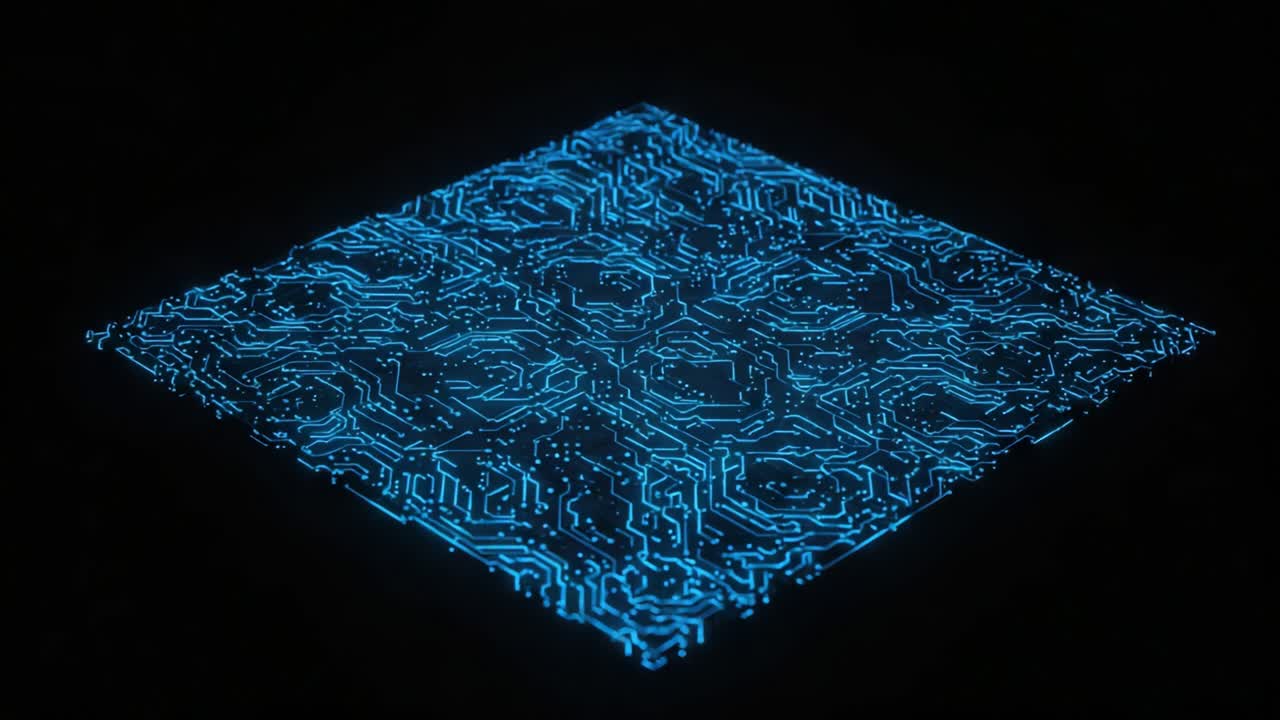 A mesmerizing display of a glowing circuit board pattern, showcasing intricate designs and vibrant blue lines against a dark background, ideal for technology and digital art enthusiasts