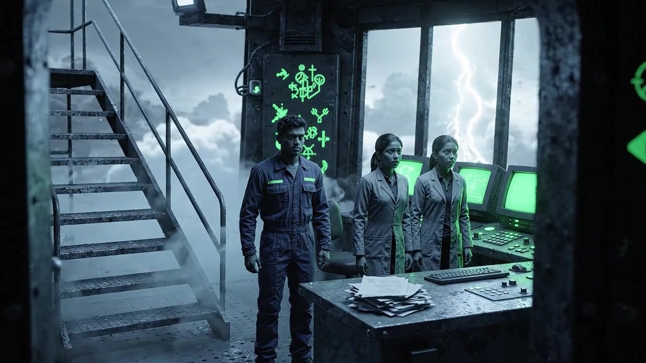 Inside the Control Room: Scientists and Technicians Collaborate Amidst Stormy Atmosphere and High-Tech Equipment Surrounded by Mysterious Symbols and Shadows