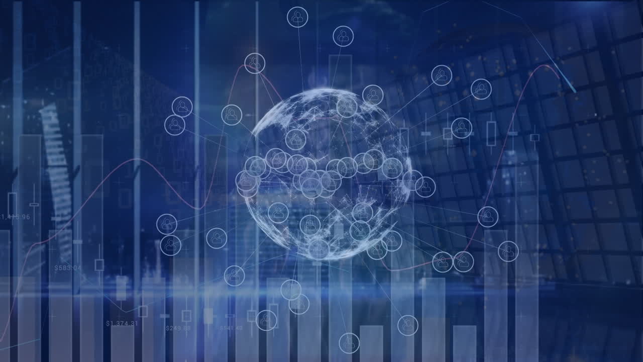 회전하는 지구 위의 디지털 아이콘에 대한 통계 데이터 처리의 애니메이션