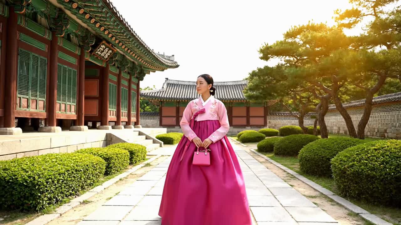 Beautiful Woman in Pink Hanbok at a Korean Palace