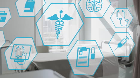 animación de hexágonos con iconos médicos sobre la habitación del hospital
