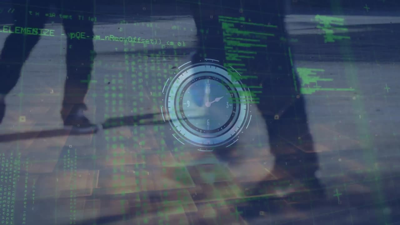 Animation of clock moving over data processing and people walking