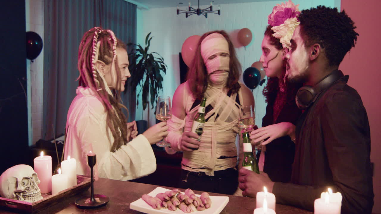 할로윈 파티에서 이야기하는 친구들