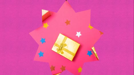 Video-of-presents-and-stars-in-star-shape-on-purple-background-at-christmas