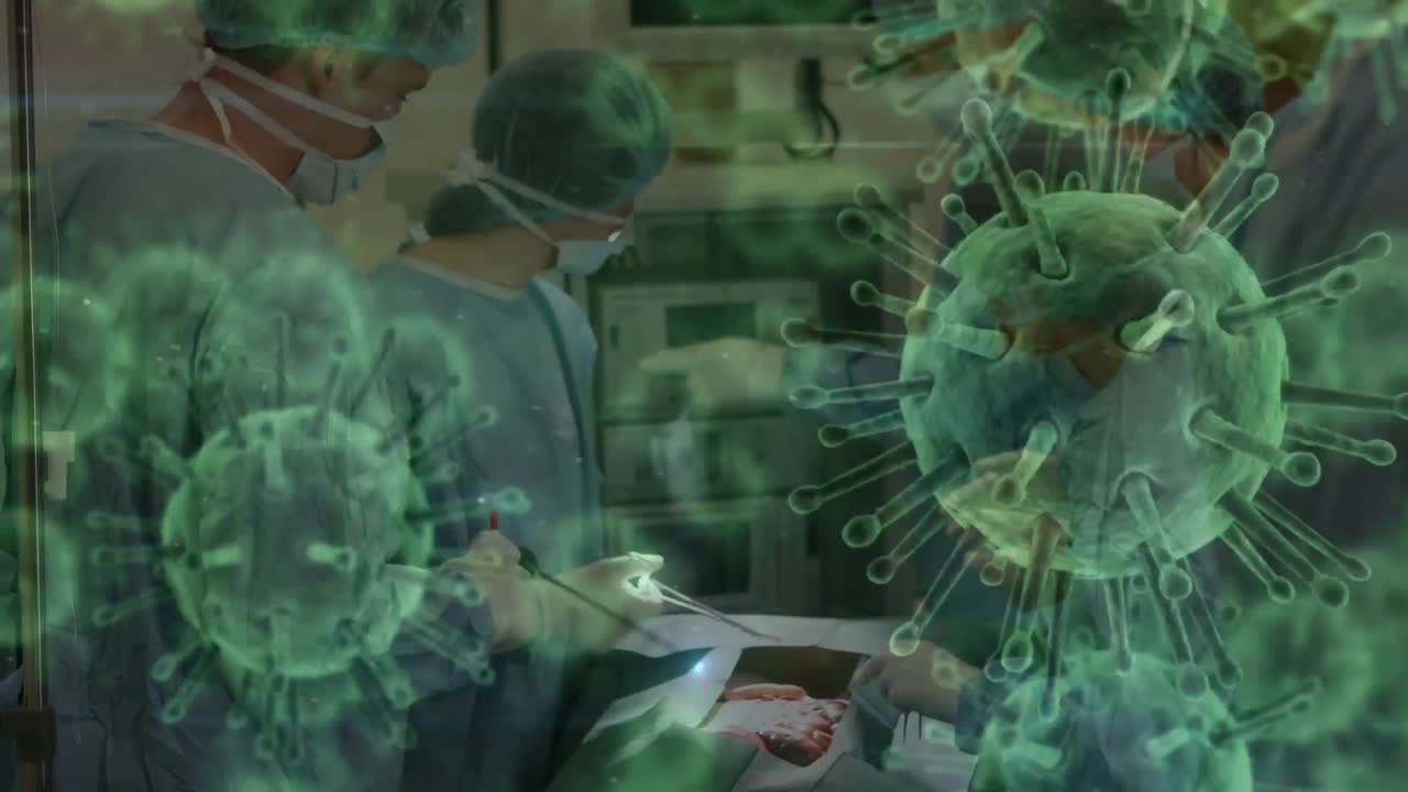 수술실에서 얼굴 마스크를 착용하는 다양한 외과 의사들에 대한 코로나 19 세포의 애니메이션