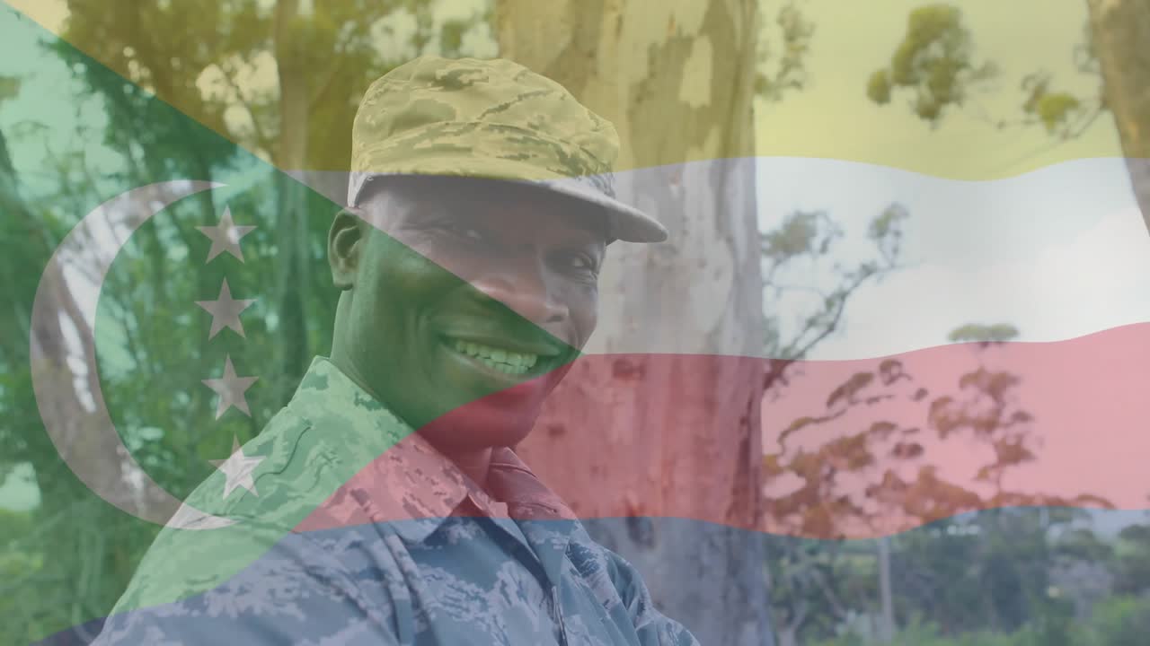 Soldier receiving command shifting pose and smiling with animated icon during defense training