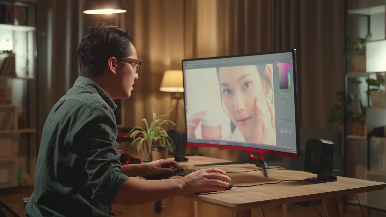 Asian Male Digital Editor Paining His Back While Works In Photo Editing Software On His Personal Computer With Big Display, He Works At Night