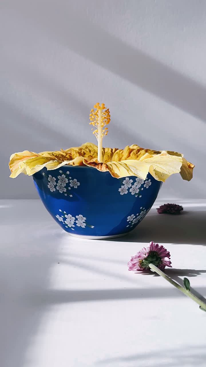 flor de hibisco en un cuenco azul con flores decorativas
