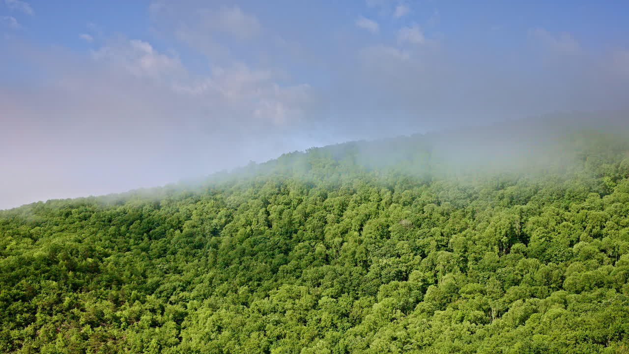 Sweeping overhead shot of mist curling around the Smoky Mountain peaks