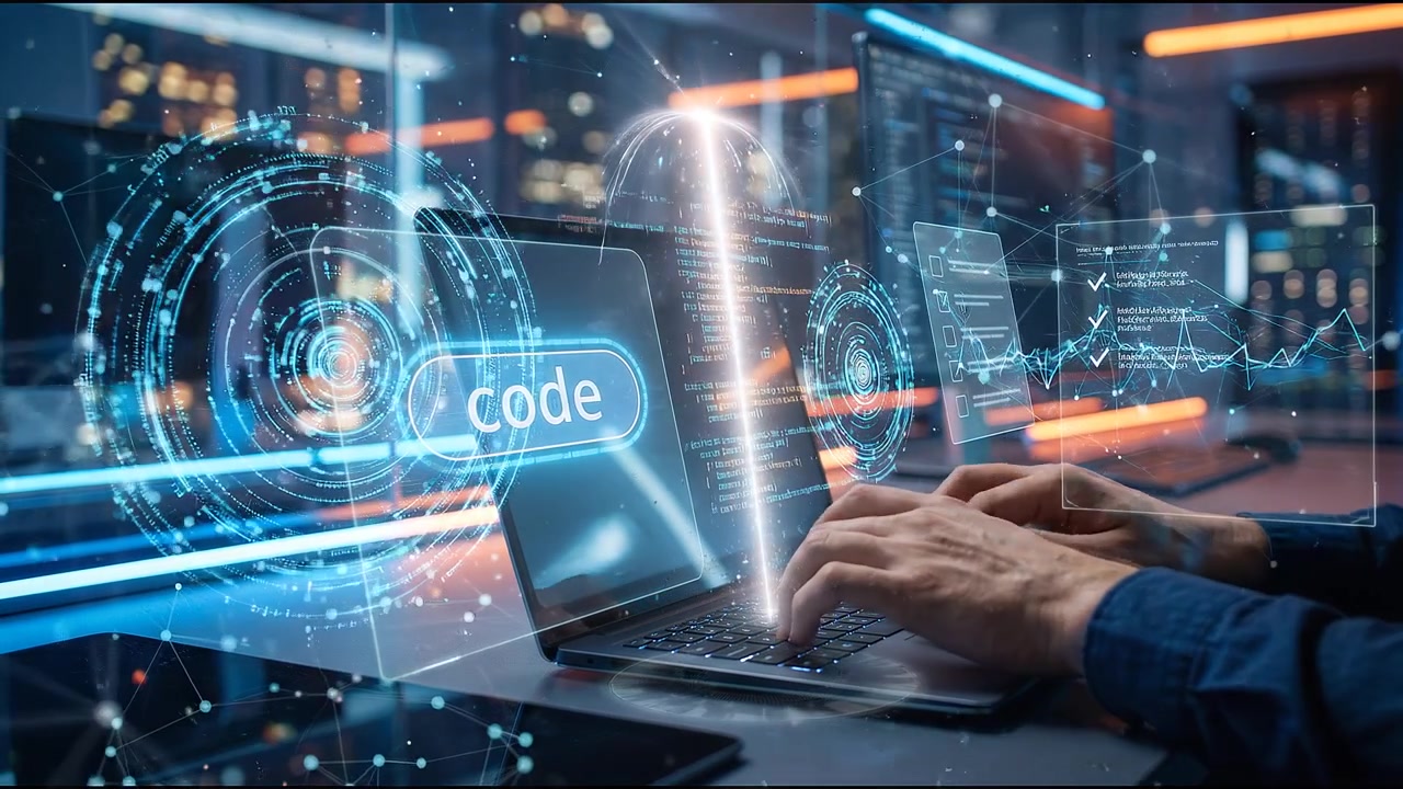 Developer working on coding project with digital interface graphics and virtual software panels at night