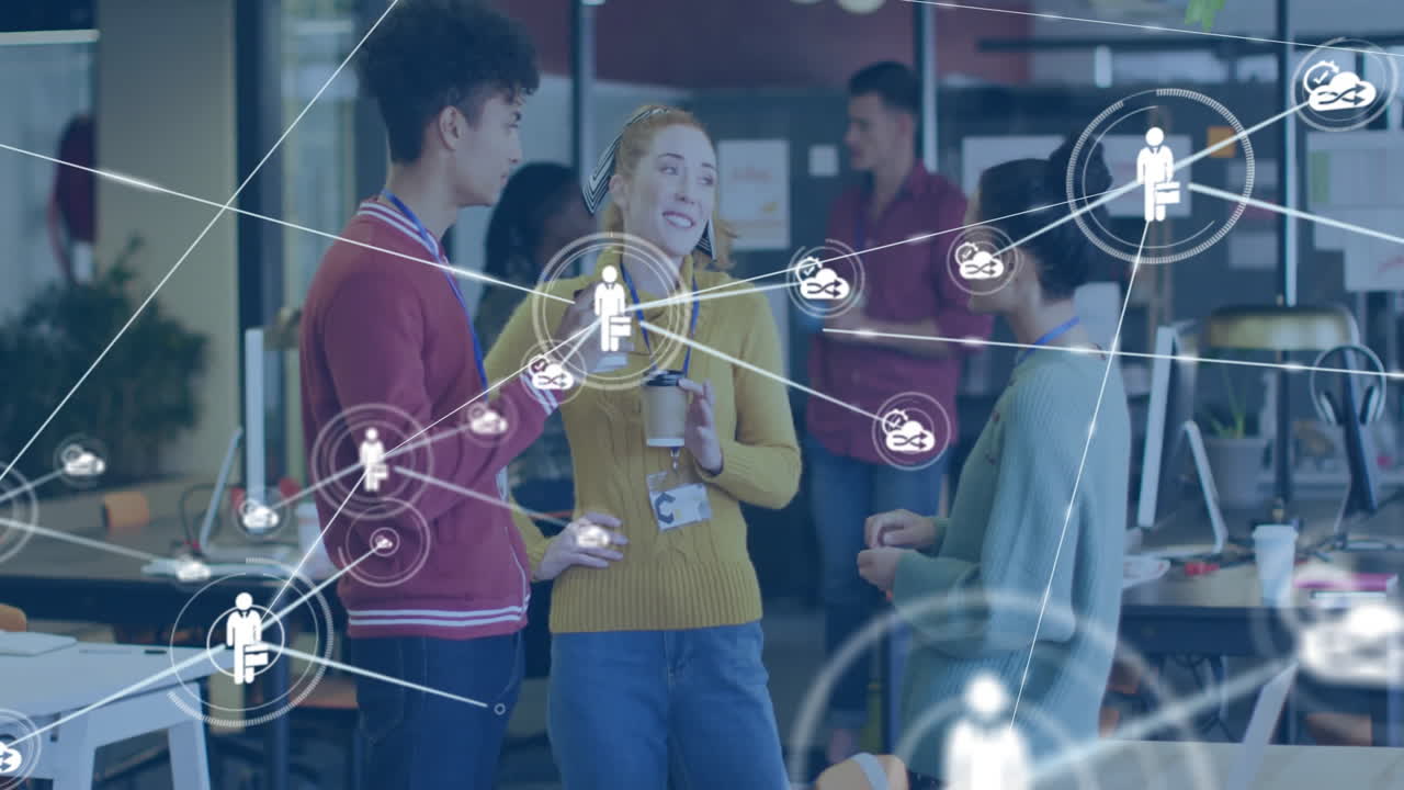 연결 네트워크와 데이터 처리 애니메이션을 통해 사무실의 다양한 사람들