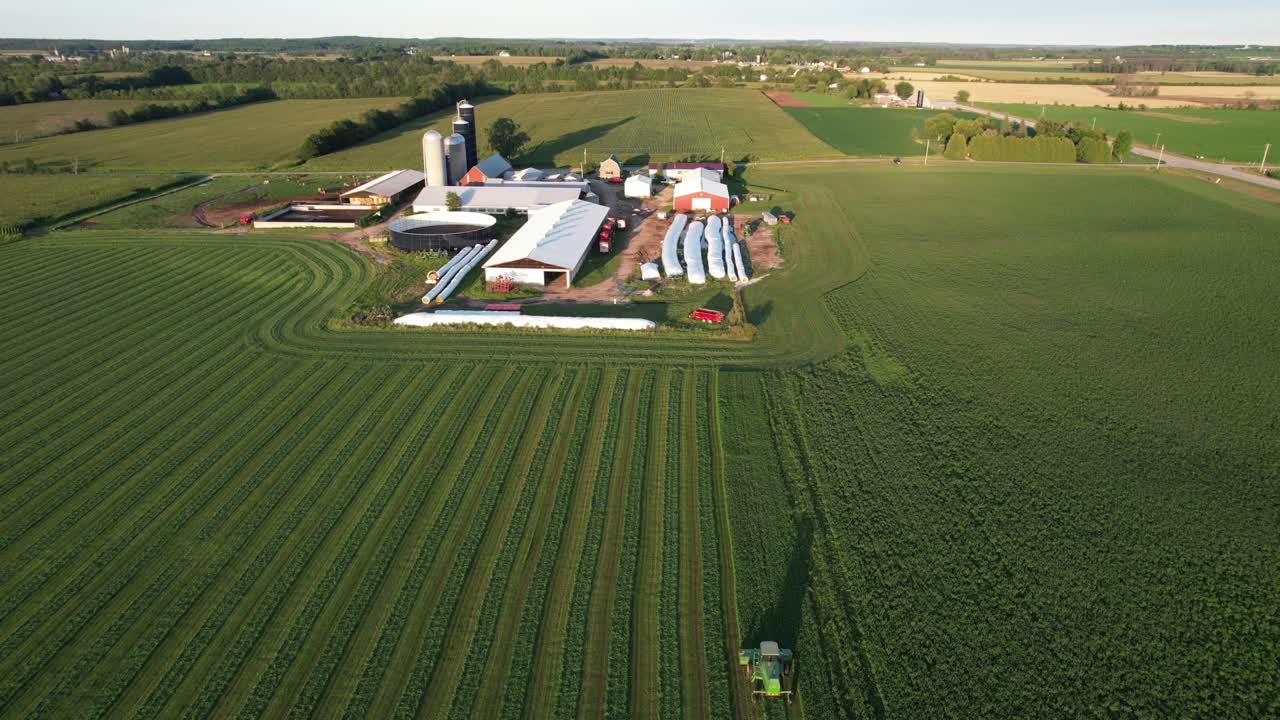 In Door County, WI, a farmer on a John Deere tractor, cuts his alfalfa field in late August