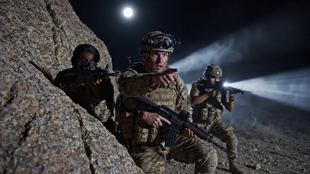 Special forces soldiers maneuver stealthily under moonlight in a nighttime operation, showcasing teamwork and tactical readiness in a rugged terrain environment.