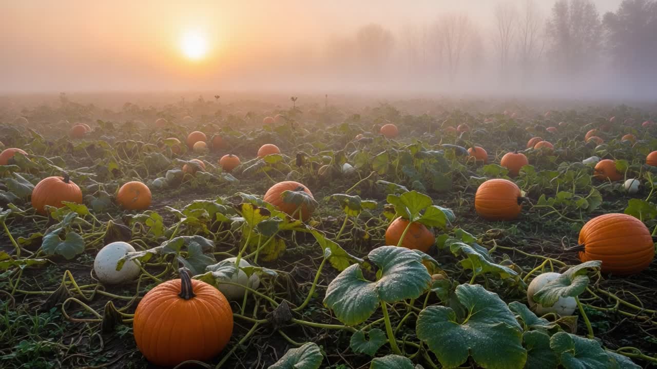 A Breathtaking Early Morning Scene of a Foggy Pumpkin Field at Sunrise, Showcasing Lush Green Vines and Vibrant Orange Pumpkins Under a Gentle Mist