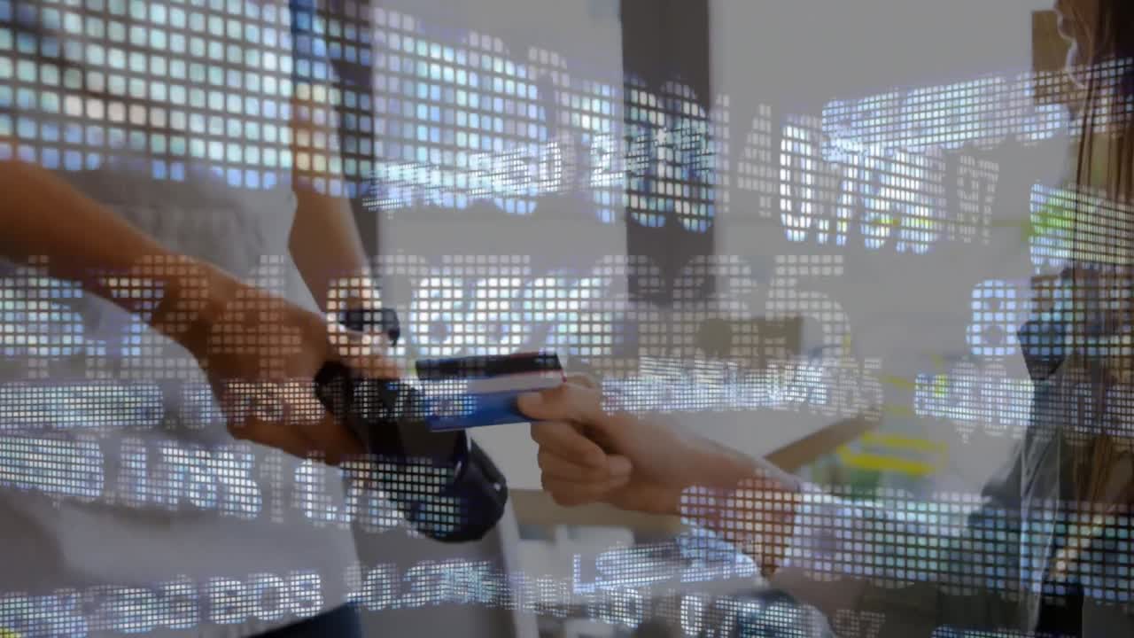 Animation of data processing over Caucasian woman sitting in a restaurant