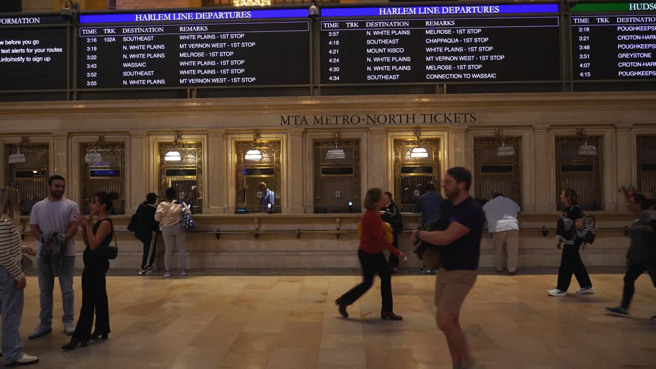 Scene of passengers checking train schedules on the large departure board at Grand Central Terminal