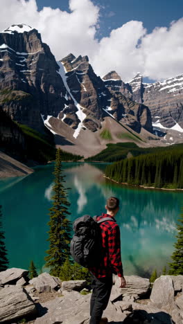 hiker enjoying the view of moraine lake in banff national park