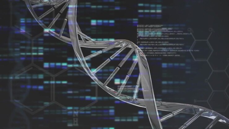 DNA helix model appearing and rotating visualizing genetics while code-hexagon overlays fading