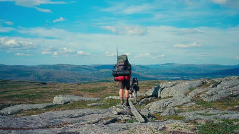 hiker with backpack and alaskan malamute in mefjellsvatnet in indre fosen, trondelag, norway