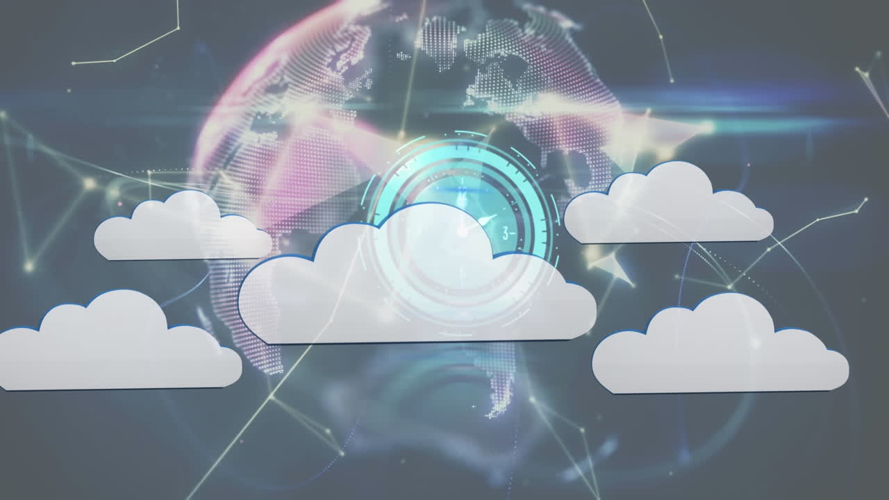 animación de reloj moviéndose rápidamente sobre el globo, nubes digitales y red de conexiones