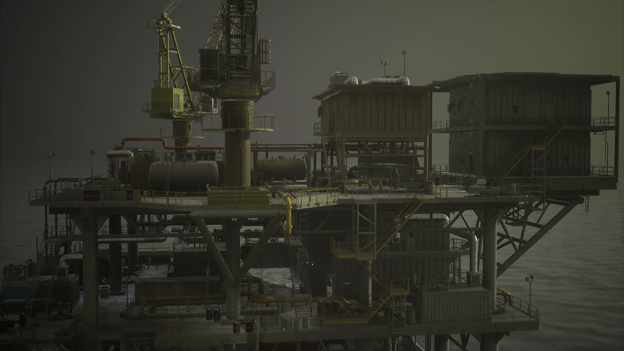 Olieplatform opererer i havet under overskyet vejr