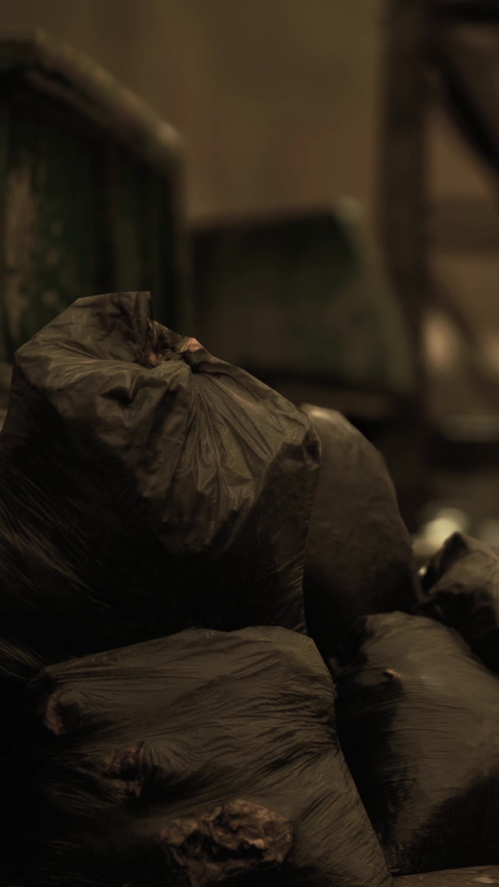 Urban landscape showcasing discarded trash bags in a dimly lit alleyway