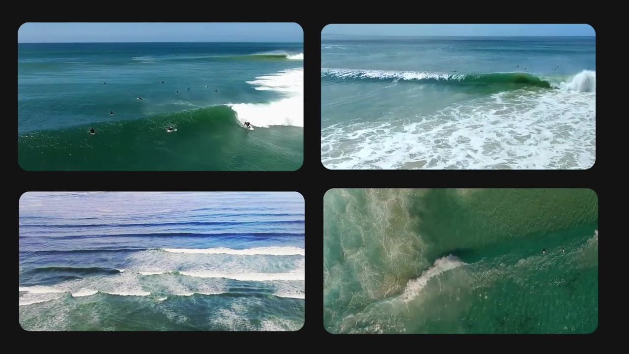 Aerial Views of Ocean Waves, Surfers, and Coastal Landscapes