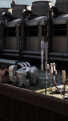 industrial building rooftop with cooling towers