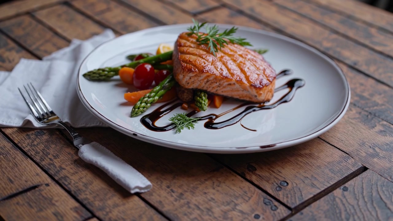 Fillet Salmon Panggang dengan Asparagus dan Sayuran di Atas Piring