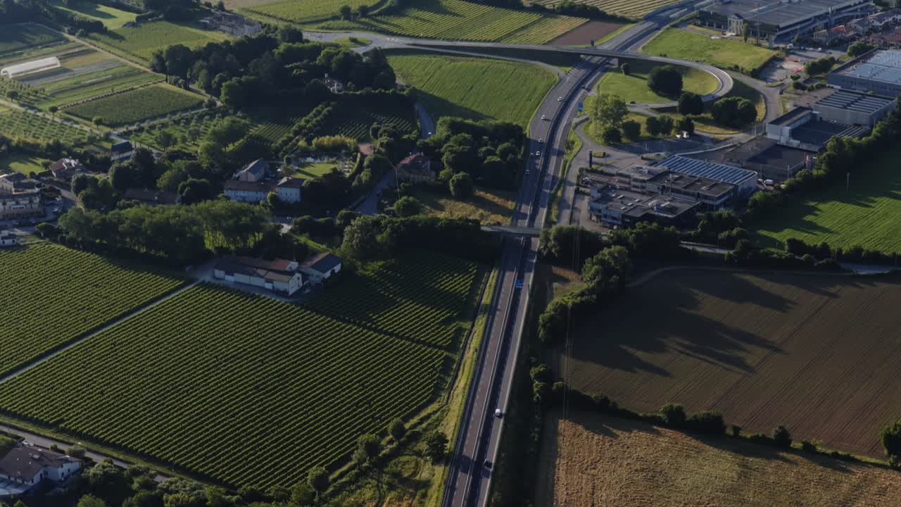 Aerial view of Bassano del Grappa rural roads and fields at sunset
