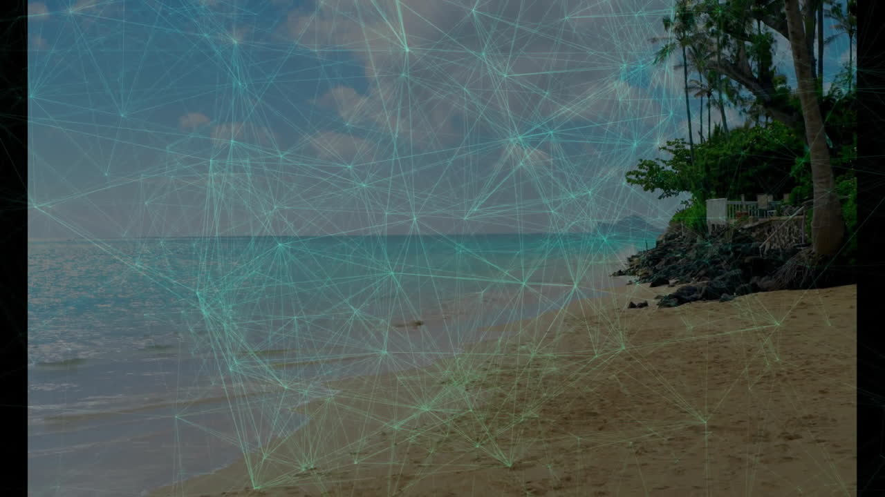 Network of connections and data processing animation over tropical beach scene