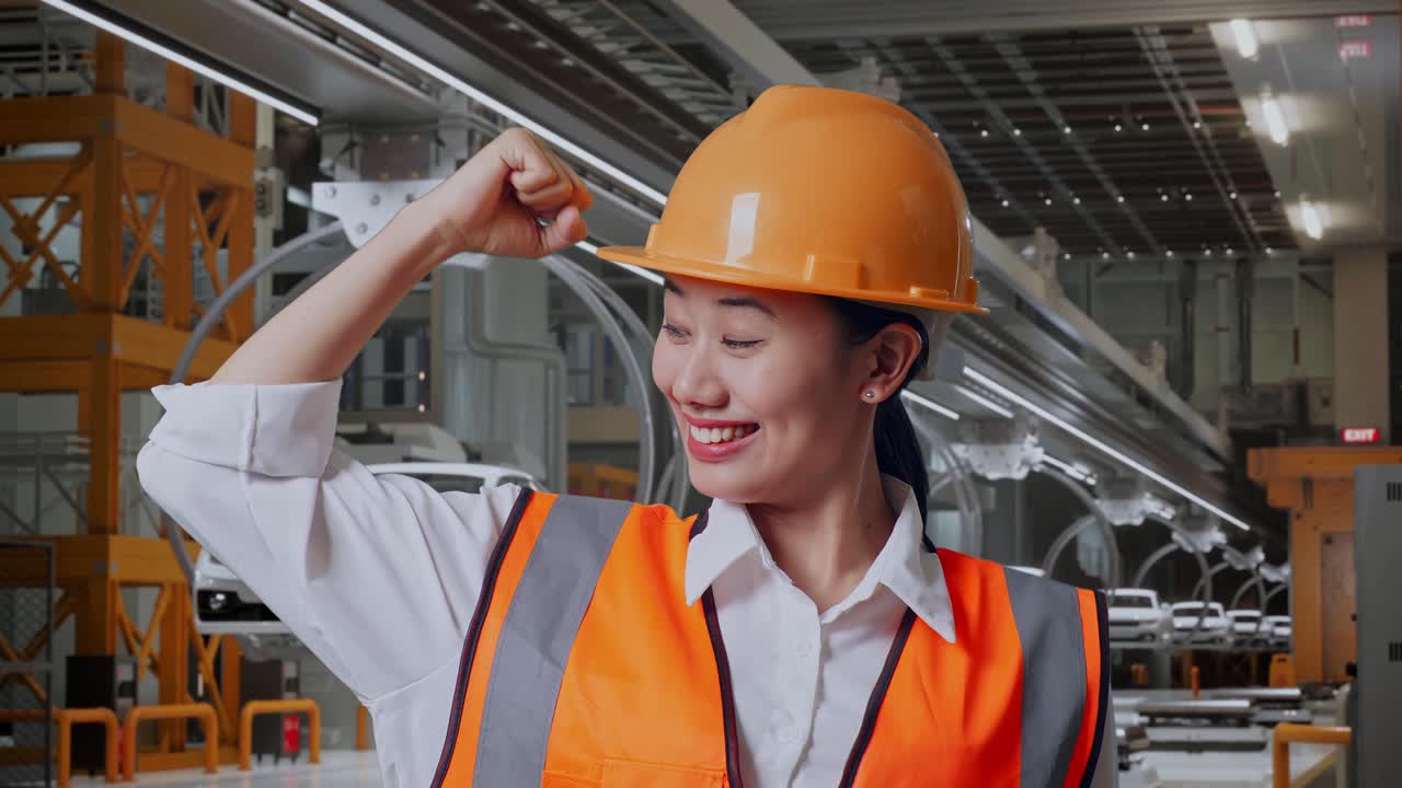 안전 헬을 입은 아시아 여성 엔지니어가 ev 자동차 공장에서 서서 카메라를 향해 미소 짓고 팔다리를 구부리고 있습니다.