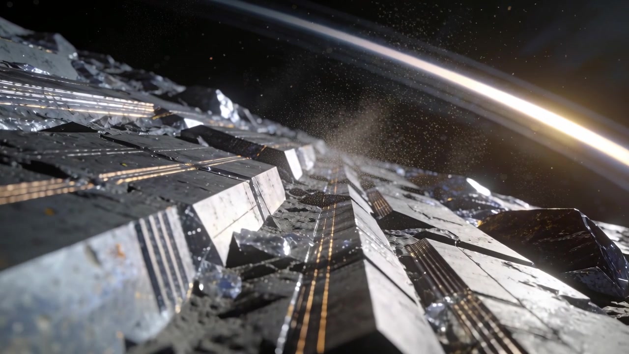 Moving camera showing metal ridge with gold lines sliding in space under ring arc, drifting plume