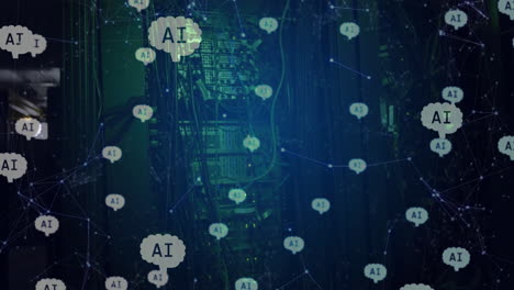 animation of ai brains over networks, data and technician working with computer in server room