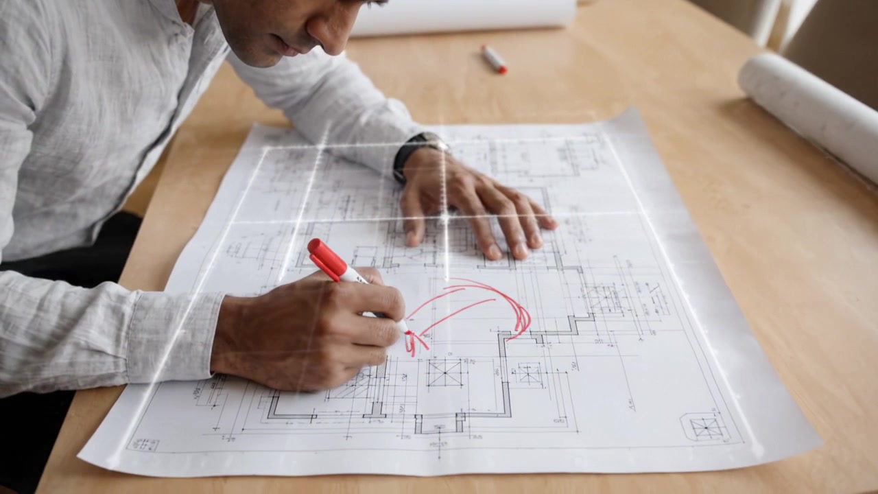 Um indivíduo anotando meticulosamente plantas arquitetônicas em uma grande folha de papel com um marcador vermelho, demonstrando detalhe e foco em seu processo de trabalho de design.