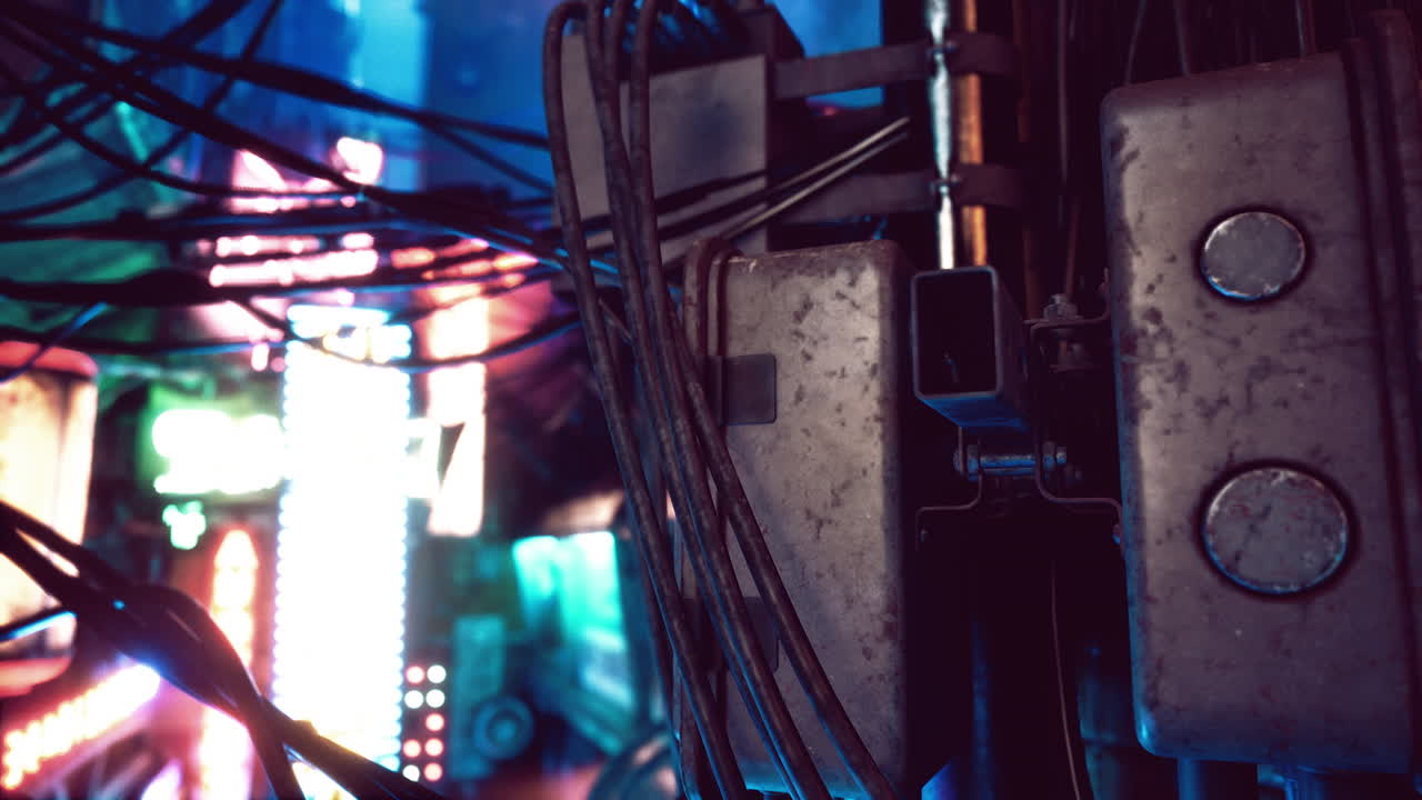 paisaje urbano cyberpunk con luces de neón y cables