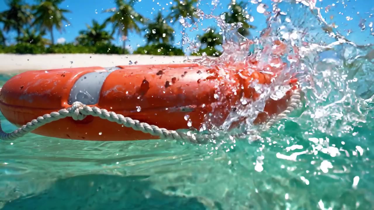 A Bright Orange Lifebuoy Floating Gracefully in Crystal-Clear Tropical Waters Surrounded by Lush Palm Trees on a Stunning Beach Landscape