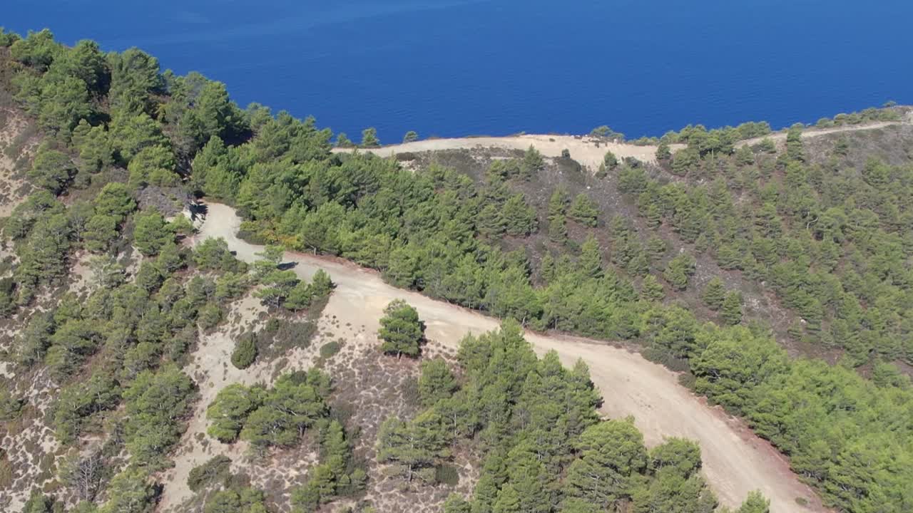 Aerial view of lush greenery and winding road in Greece