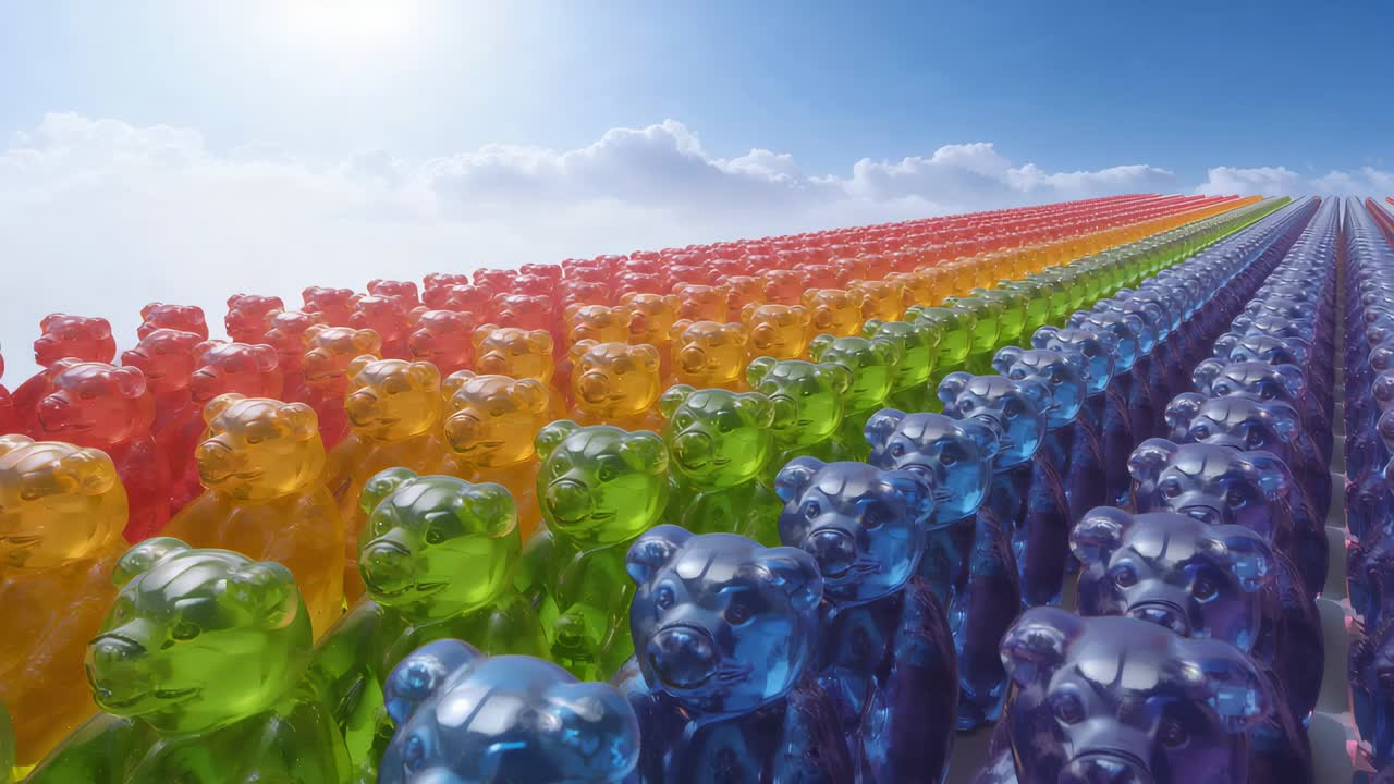 カメラが、虹の順番を示す鏡面上の透明なグミの列を追跡して映し出します。
