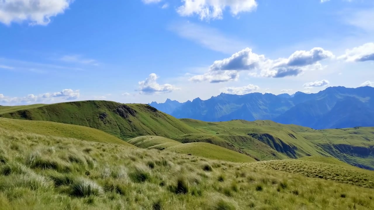 広大な牧草地、なだらかな緑の丘、草の茂み、遠くのギザギザの山々が地平線に連なり、澄み切った青空にはふわふわした雲が浮かぶ、穏やかな屋外の風景