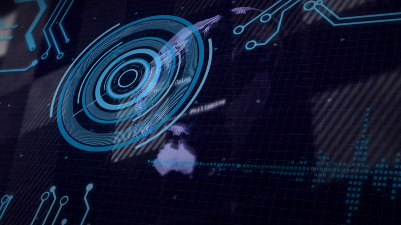 Animation of futuristic digital interface with circular patterns and data points