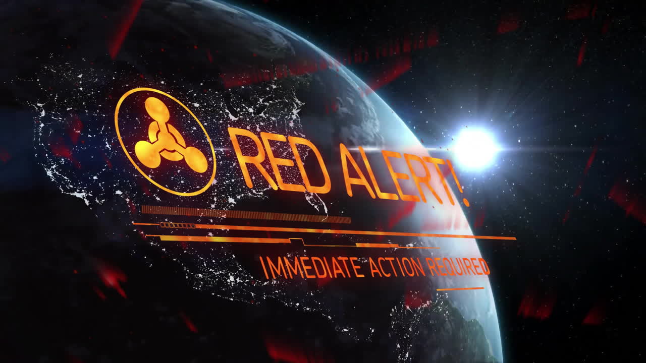 Red alert animation with text and symbol over Earth with glowing sun in space