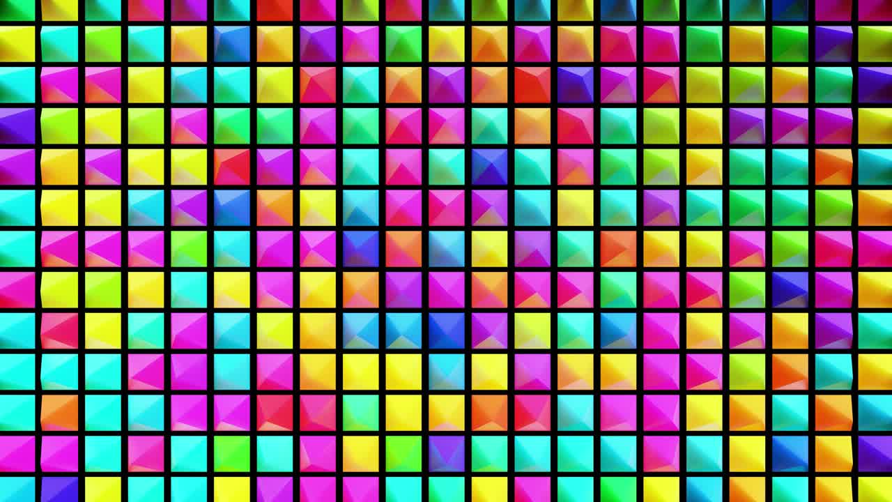 abstract festive background with multi-colored pyramids on a plane flashing neon light randomly. Loop beautiful bg in 4k. Smooth animation 3d rendering.