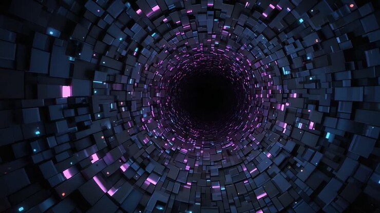 Exploring a Hypnotic Digital Tunnel: A Stunning Visual Journey Through a Vortex of Cubes and Vibrant Lights in an Abstract Universe