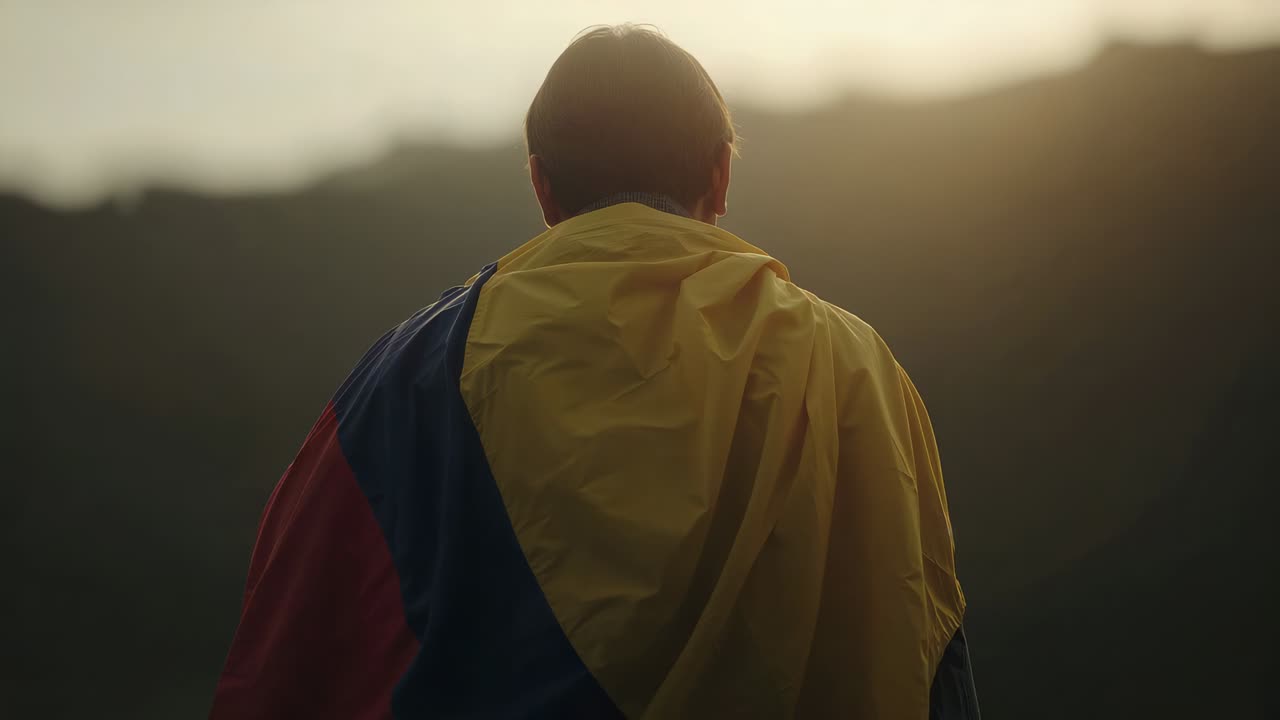 Hombre de pie mirando a una cresta distante en la ladera, vestido con tela amarilla, azul y roja, observando la puesta de sol
