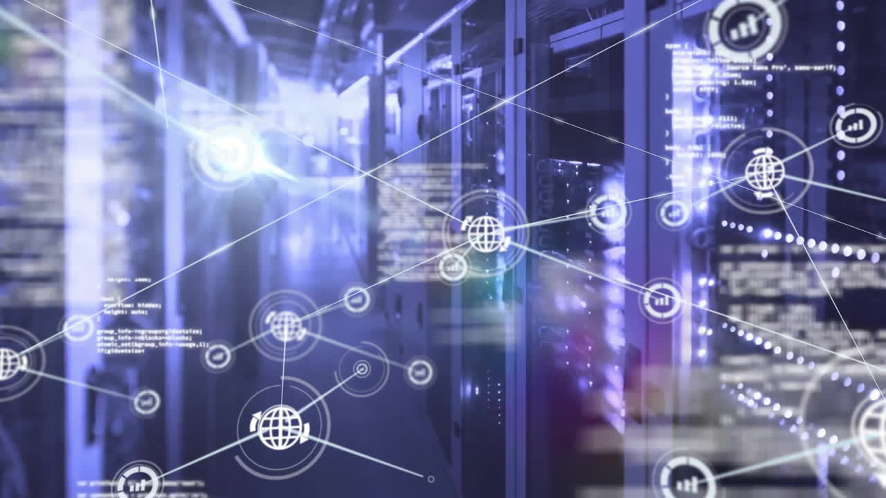 Animation of global data network over data processing and server room