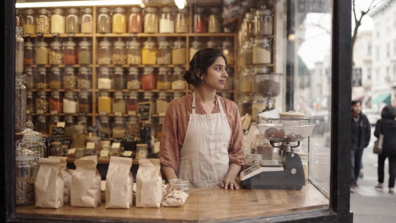 Cena de mercado encantadora com uma mulher pesando ingredientes dentro de uma loja aconchegante com vitrine de vidro e prateleiras cheias de potes coloridos e mercadorias organizadas.